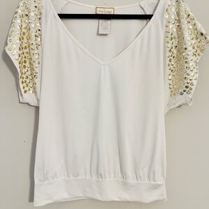 Vintage Baby Phat Y2k white top with gold stud embellished flutter sleeves